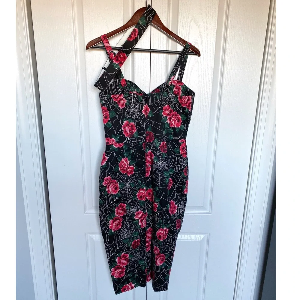 * SOLD* Vixen by Micheline Pitt spiderweb rose wiggle dress Large rockabilly - Picture 2 of 3